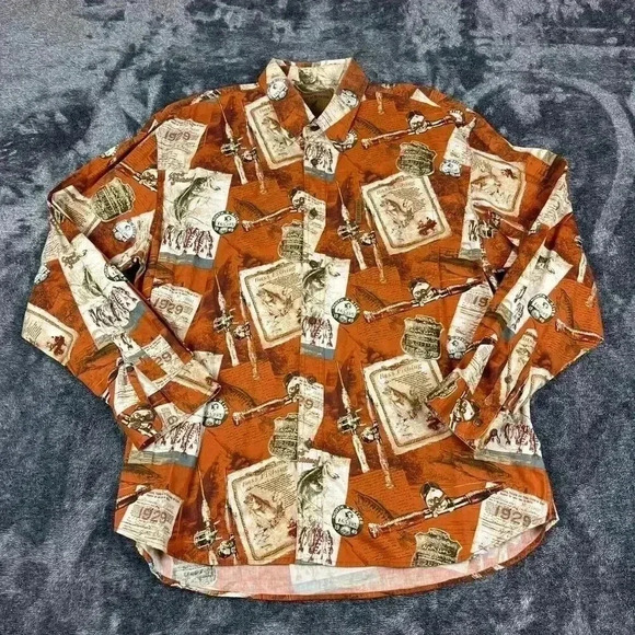 North River Outfitters All Over Fishing Print Orange Long Sleeve Button Up XL - Picture 1 of 9